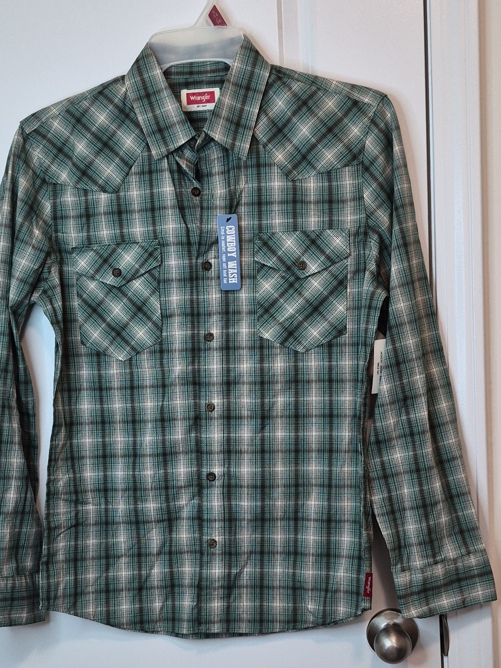 Wrangler Teal and White Plaid Casual Button-Down Shirt Size S